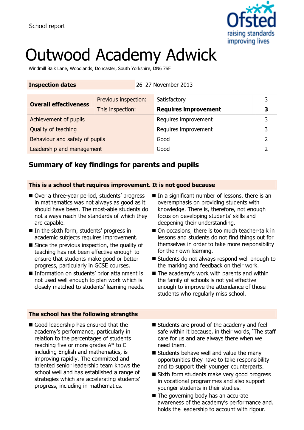 Outwood Academy Adwick Windmill Balk Lane, Woodlands, Doncaster, South Yorkshire, DN6 7SF