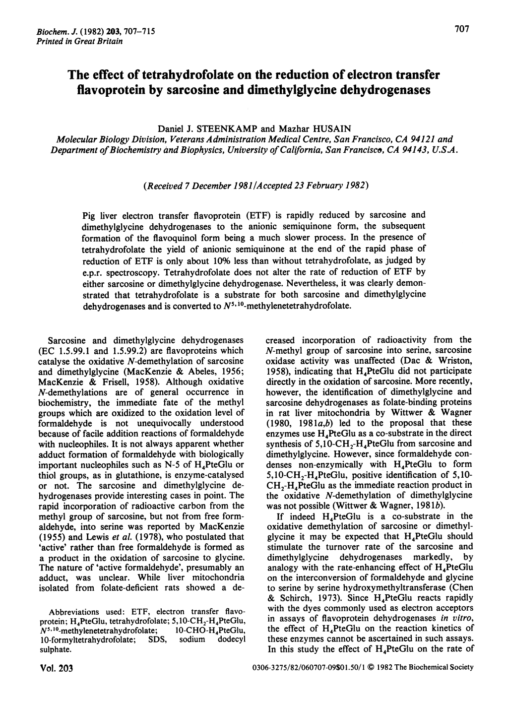 The Effect of Tetrahydrofolate on the Reduction of Electron Transfer Flavoprotein by Sarcosine and Dimethylglycine Dehydrogenases