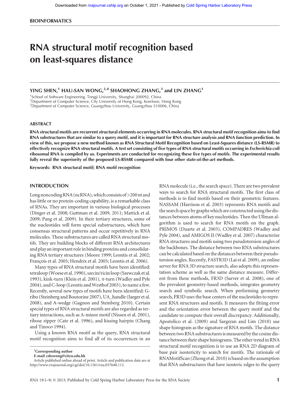 RNA Structural Motif Recognition Based on Least-Squares Distance