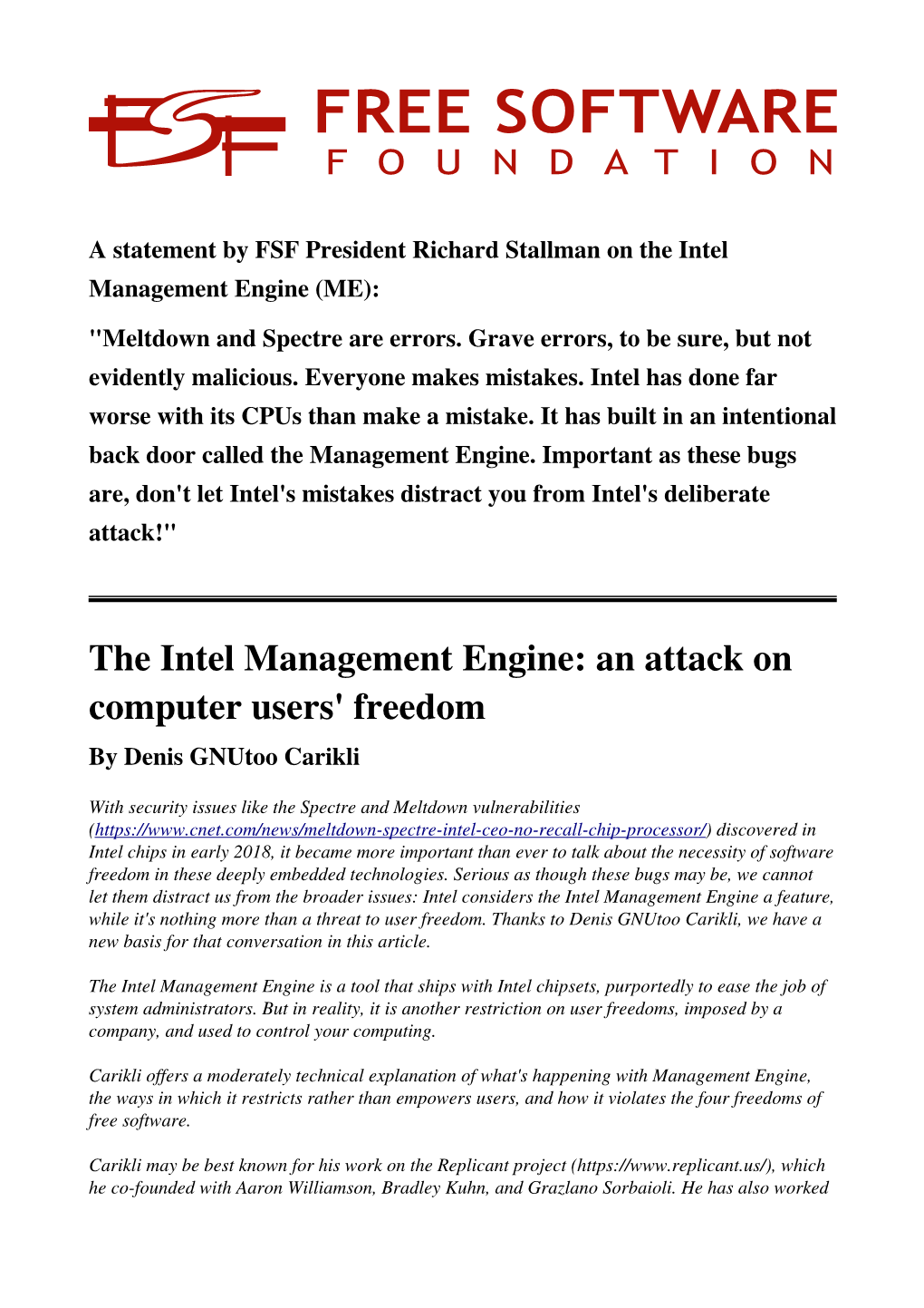 The Intel Management Engine: an Attack on Computer Users' Freedom by Denis Gnutoo Carikli