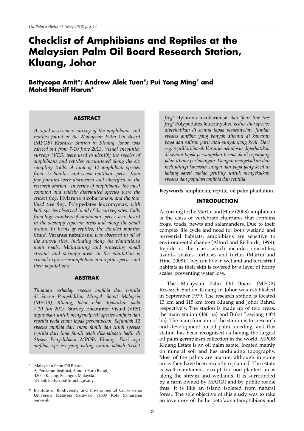 Checklist of Amphibians and Reptiles at the Malaysian Palm Oil Board Research Station, Kluang, Johor