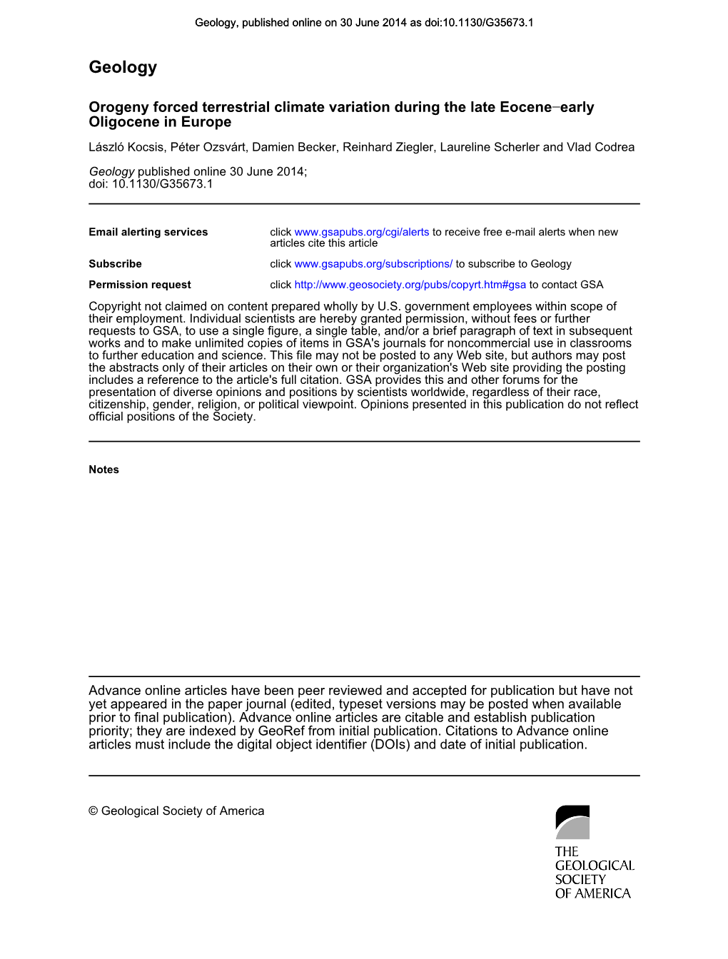 Geology, Published Online on 30 June 2014 As Doi:10.1130/G35673.1