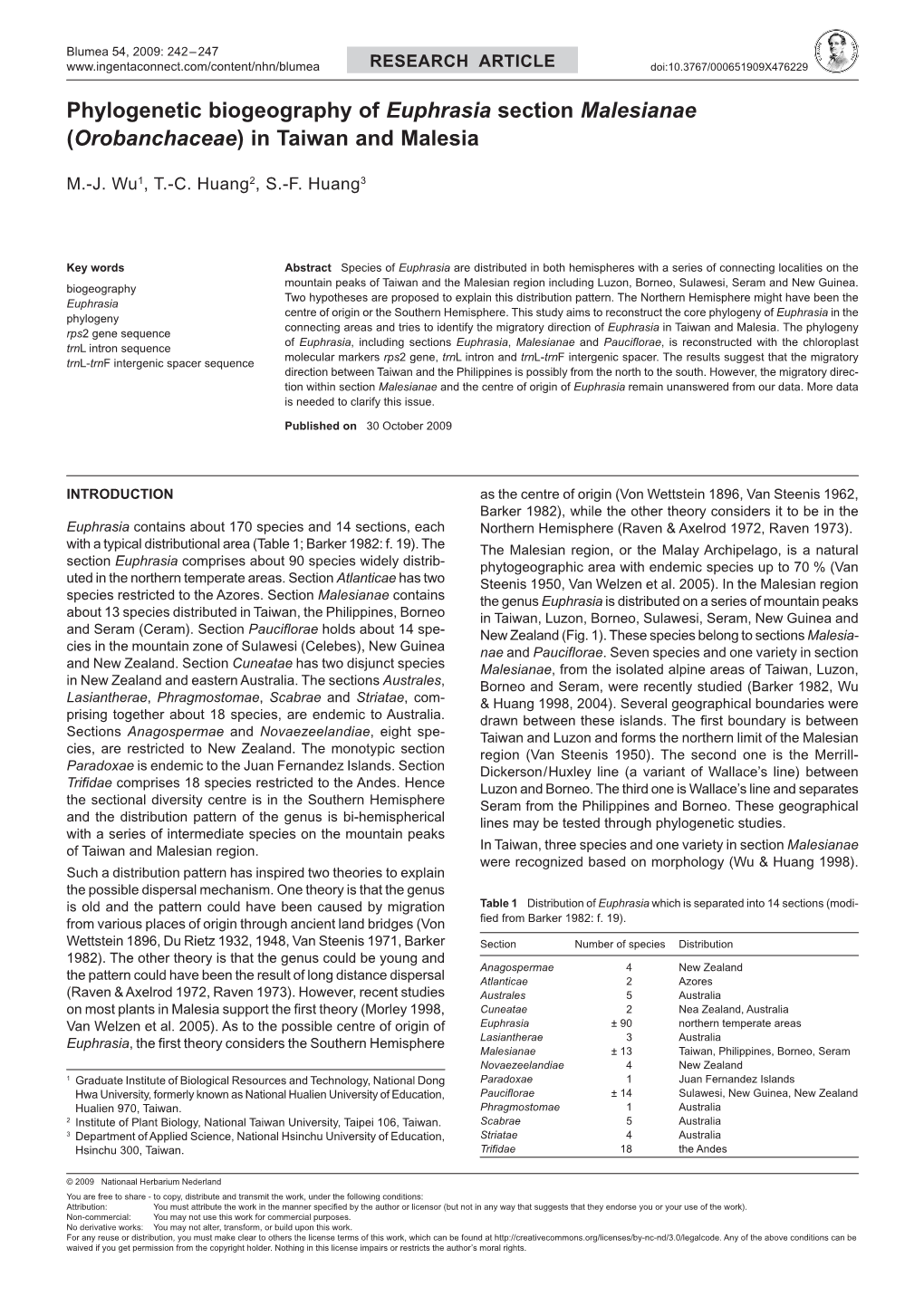 Phylogenetic Biogeography of Euphrasia Section Malesianae (Orobanchaceae) in Taiwan and Malesia