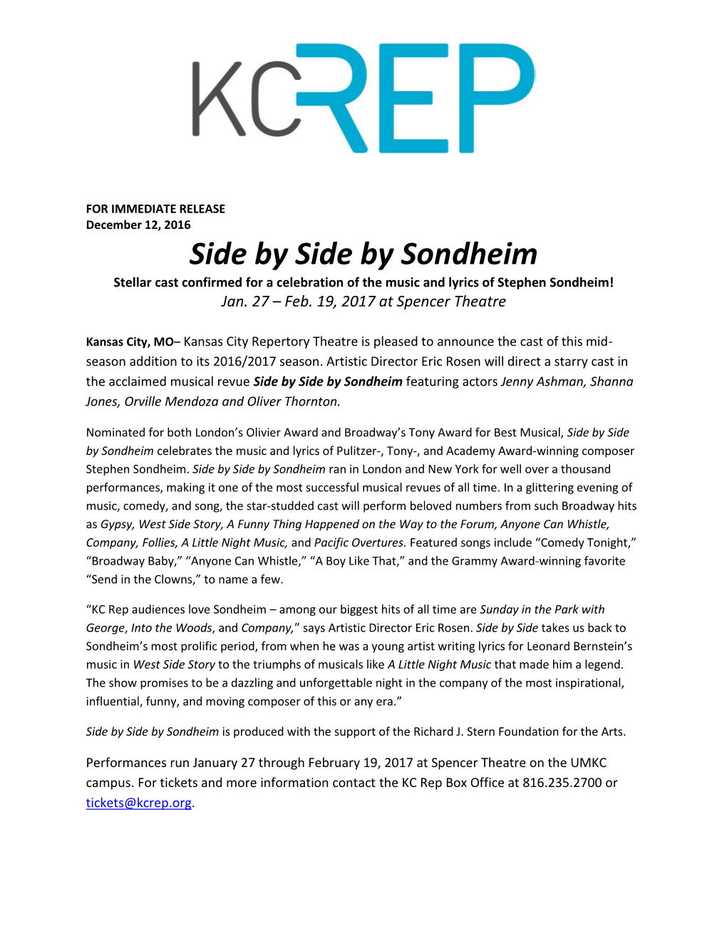 Side by Side by Sondheim Stellar Cast Confirmed for a Celebration of the Music and Lyrics of Stephen Sondheim! Jan