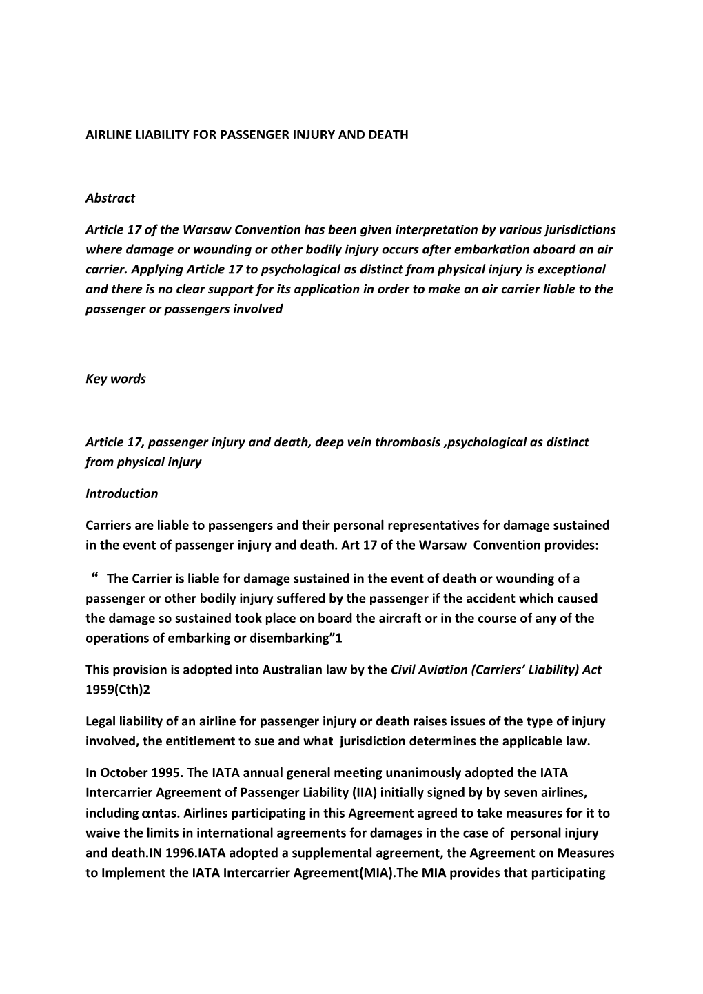 Airline Liability for Passenger Injury and Death