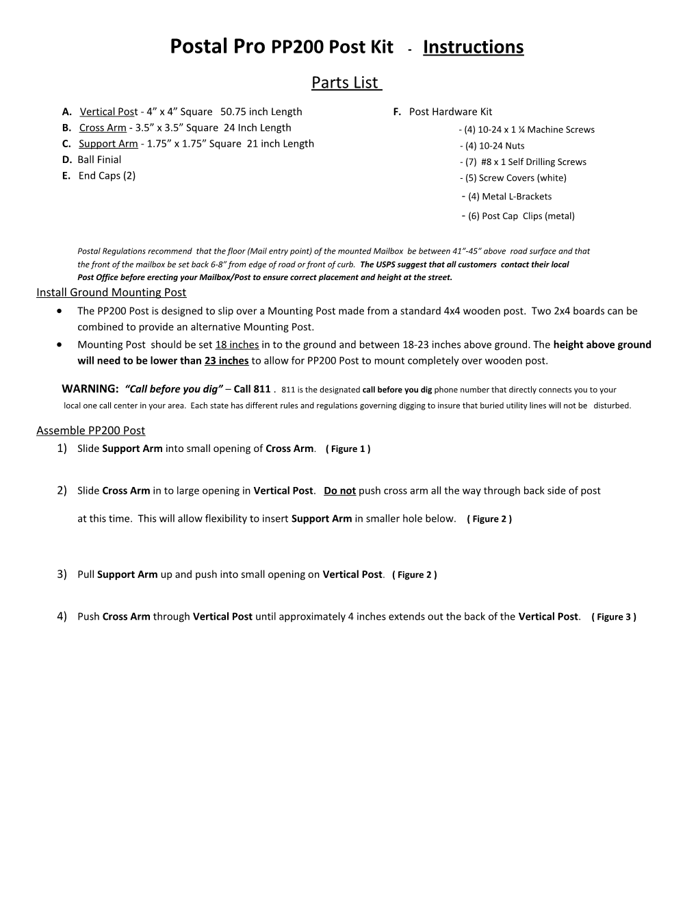 Postal Pro PP200 Post Kit - Instructions