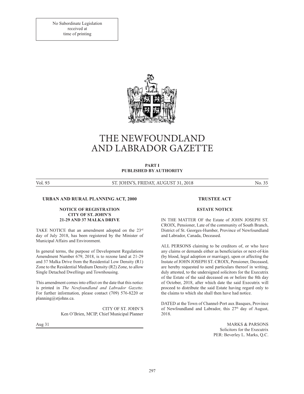 The Newfoundland and Labrador Gazette