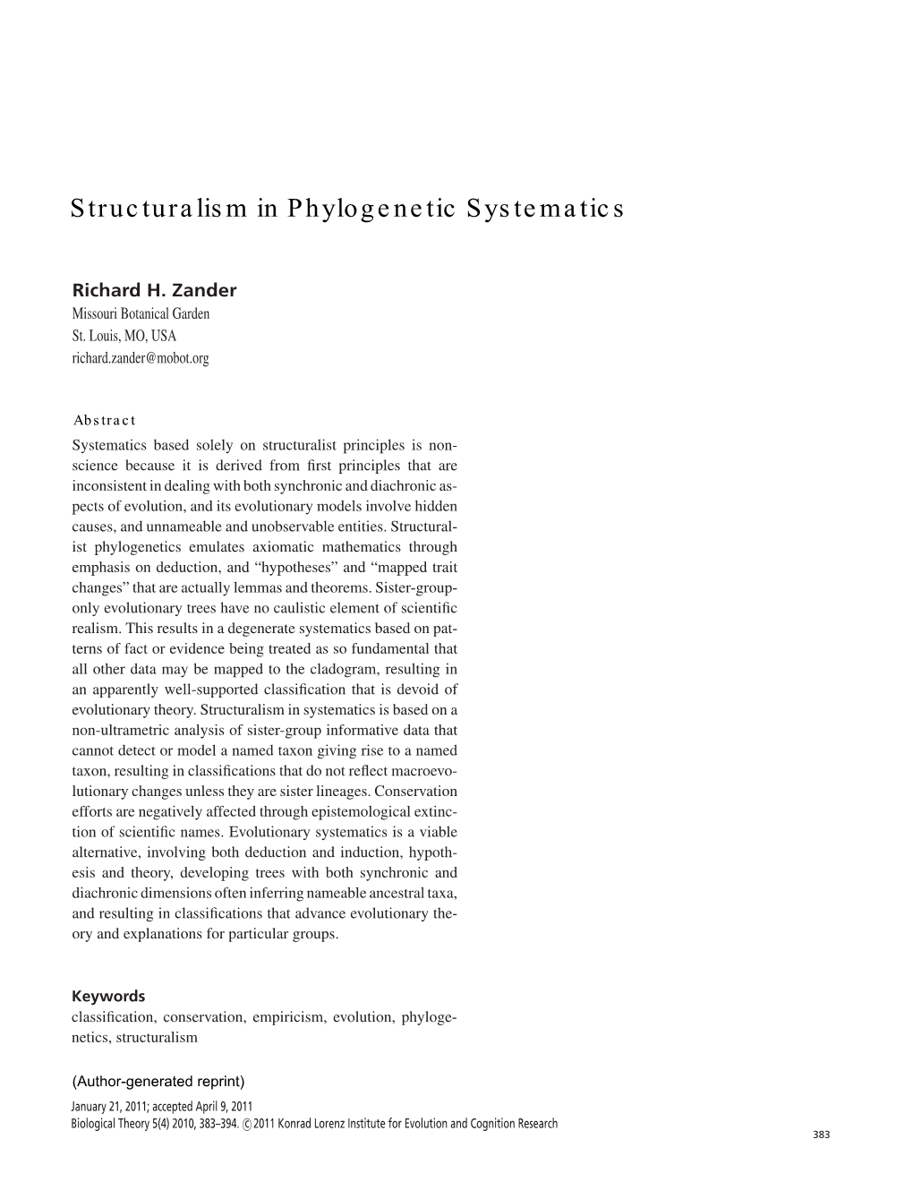 Biological Theory 5(4) 2010, 383–394