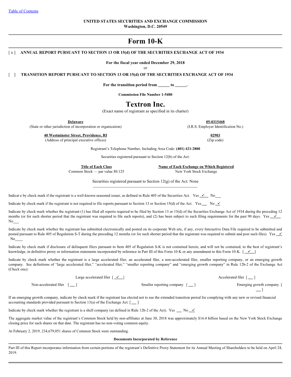 Form 10-K Textron Inc