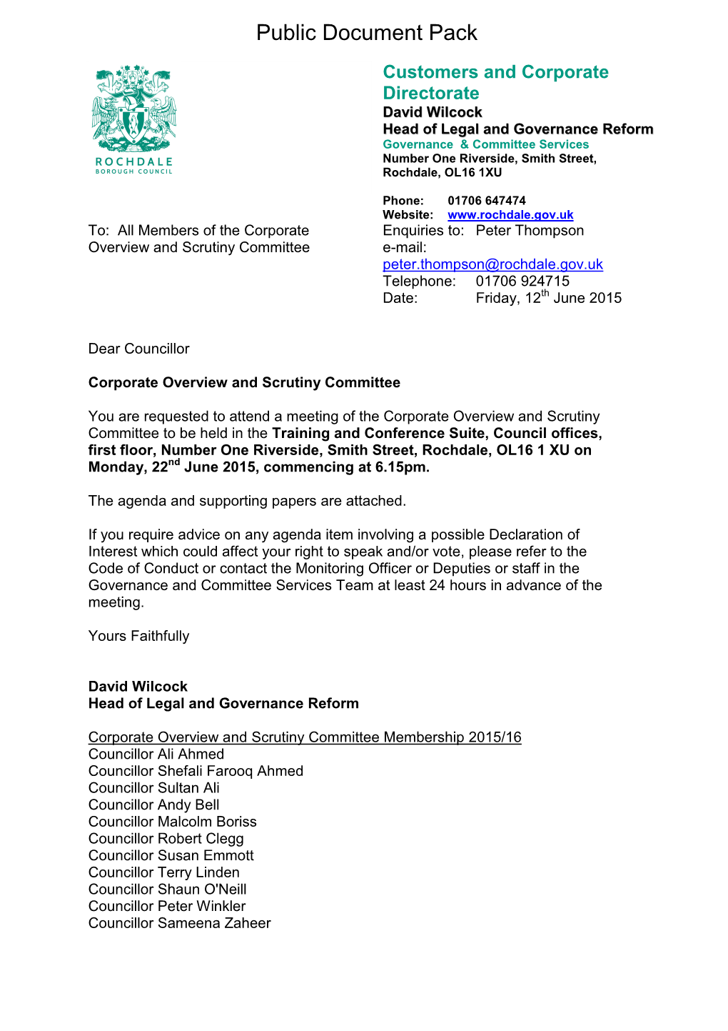 (Public Pack)Agenda Document for Corporate Overview and Scrutiny Committee, 22/06/2015 18:15