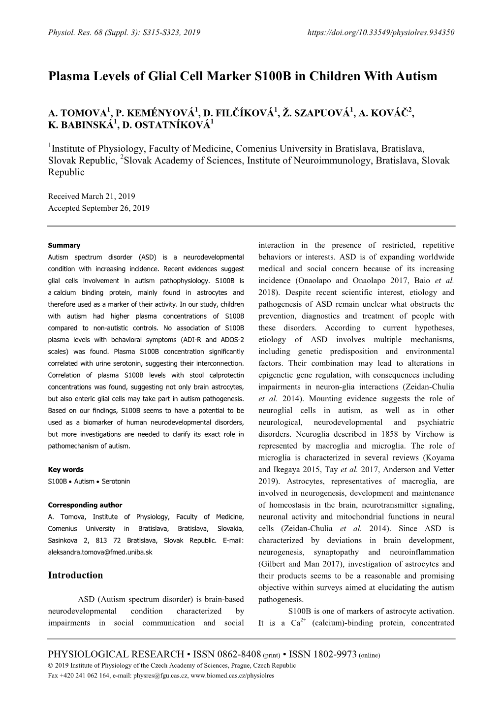 Plasma Levels of Glial Cell Marker S100B in Children with Autism