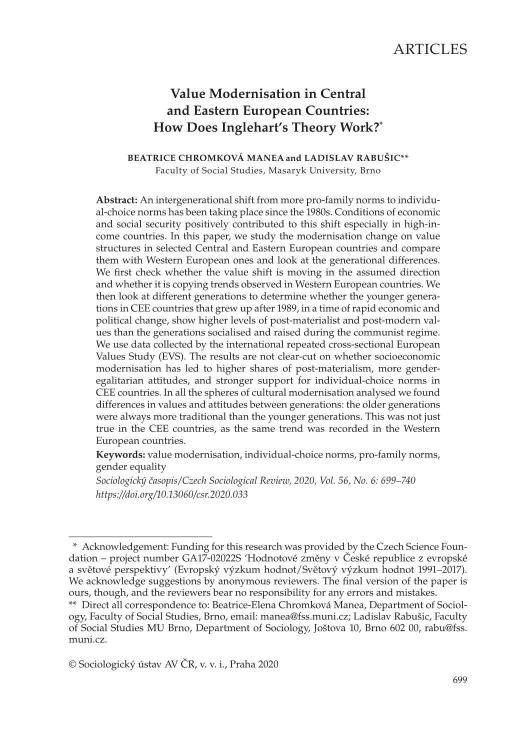 Value Modernisation in Central and Eastern European Countries: How Does Inglehart’S Theory Work?*