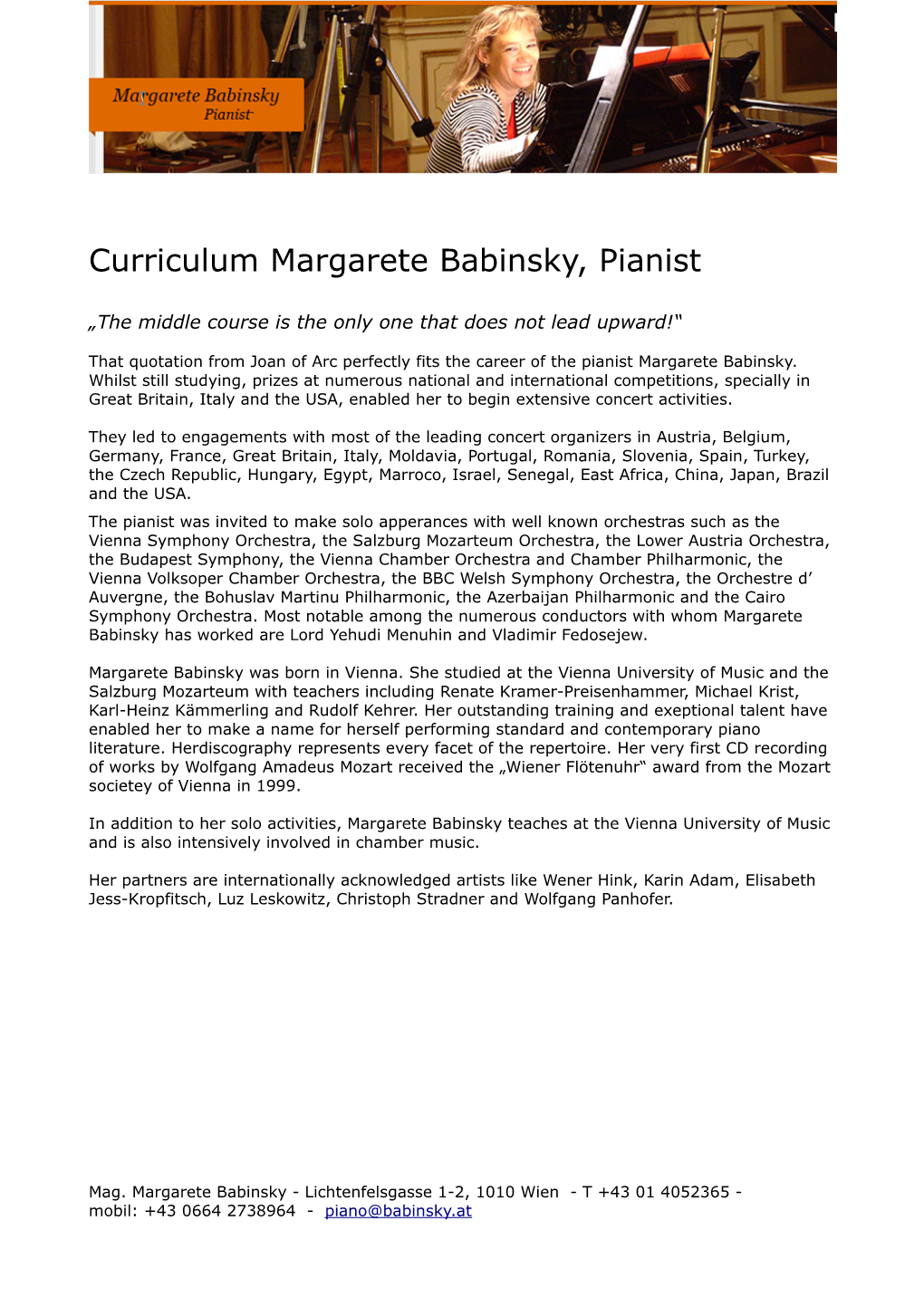 Curriculum Margarete Babinsky, Pianist