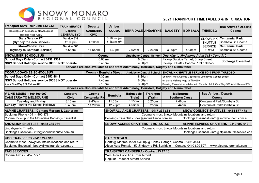 2021 Transport Timetables & Information