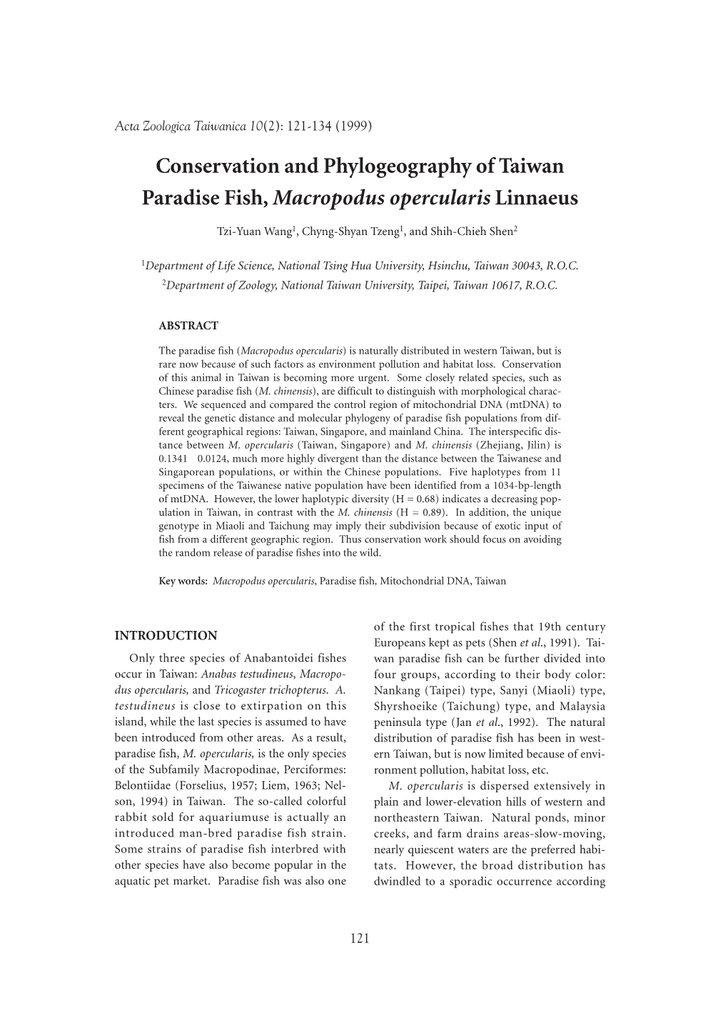 Conservation and Phylogeography of Taiwan Paradise Fish, Macropodus Opercularis Linnaeus