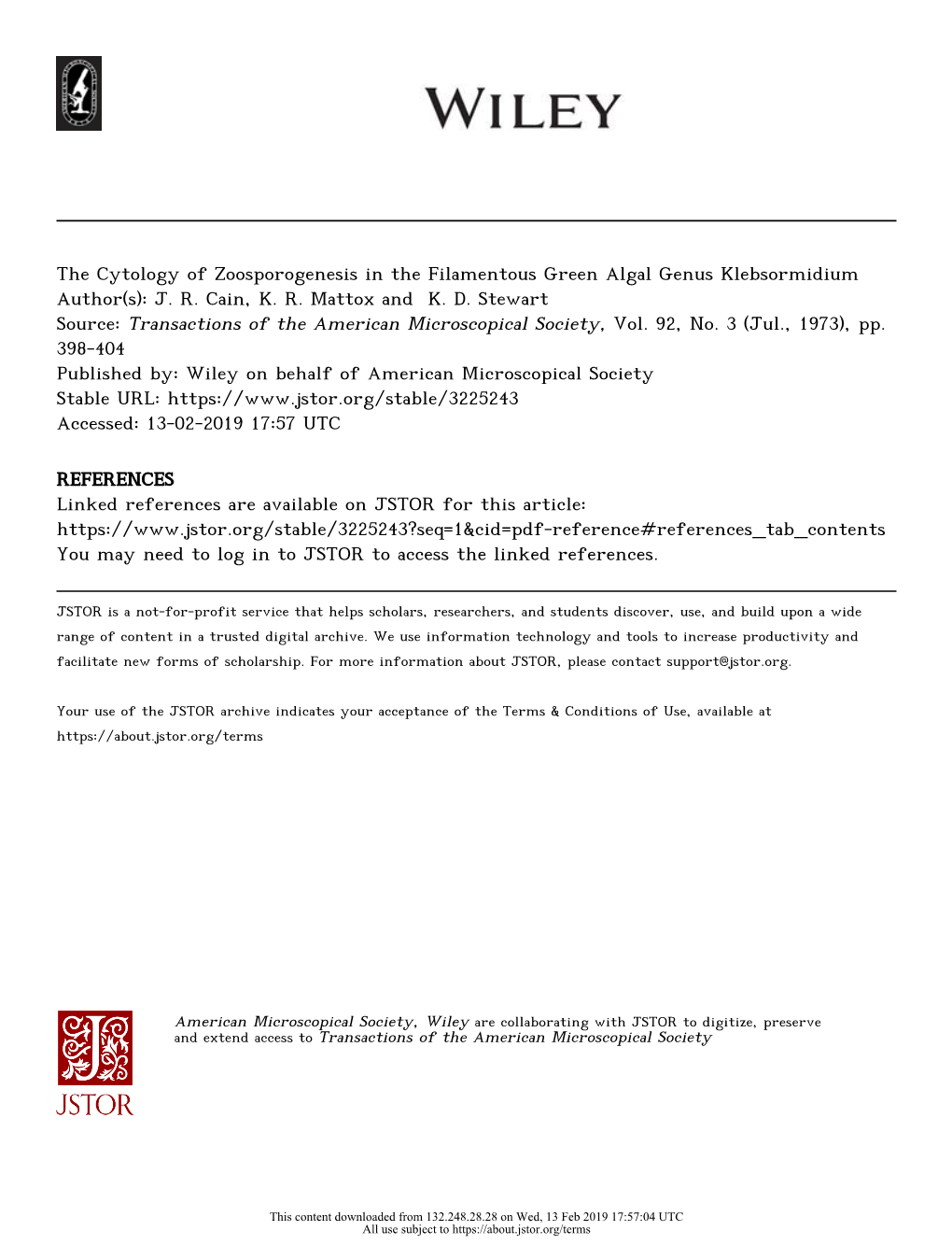 The Cytology of Zoosporogenesis in the Filamentous Green Algal Genus Klebsormidium Author(S): J