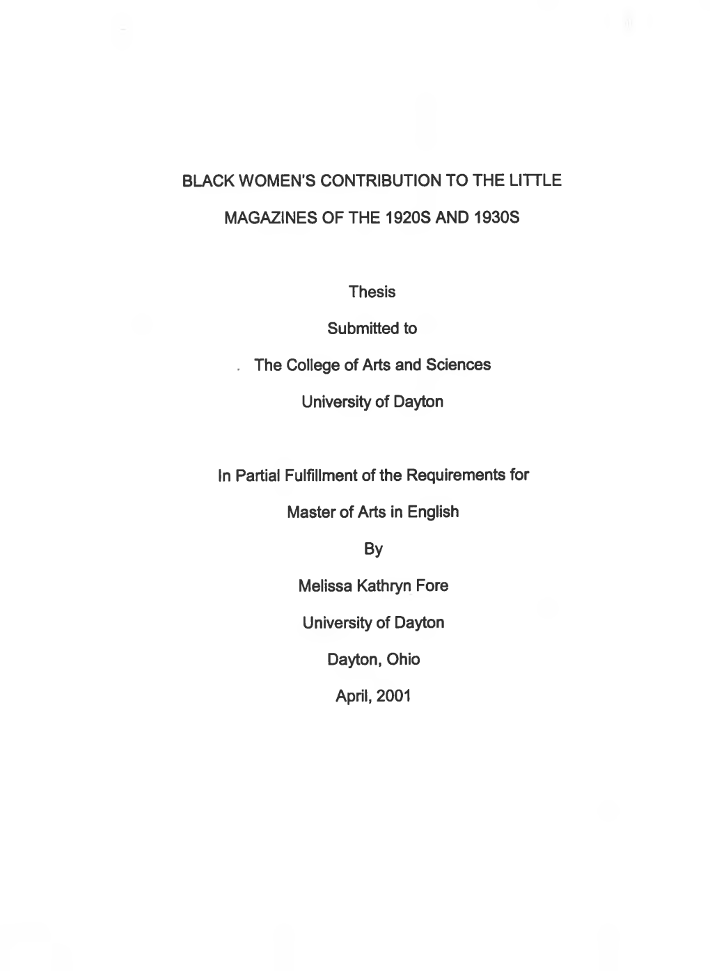 Black Women's Contribution to the Little Magazines of the 1920S and 1930S