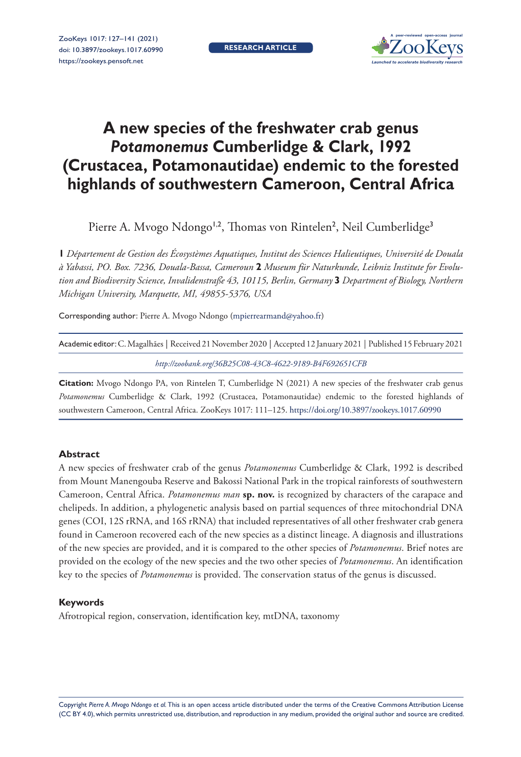 A New Species of the Freshwater Crab Genus Potamonemus Cumberlidge