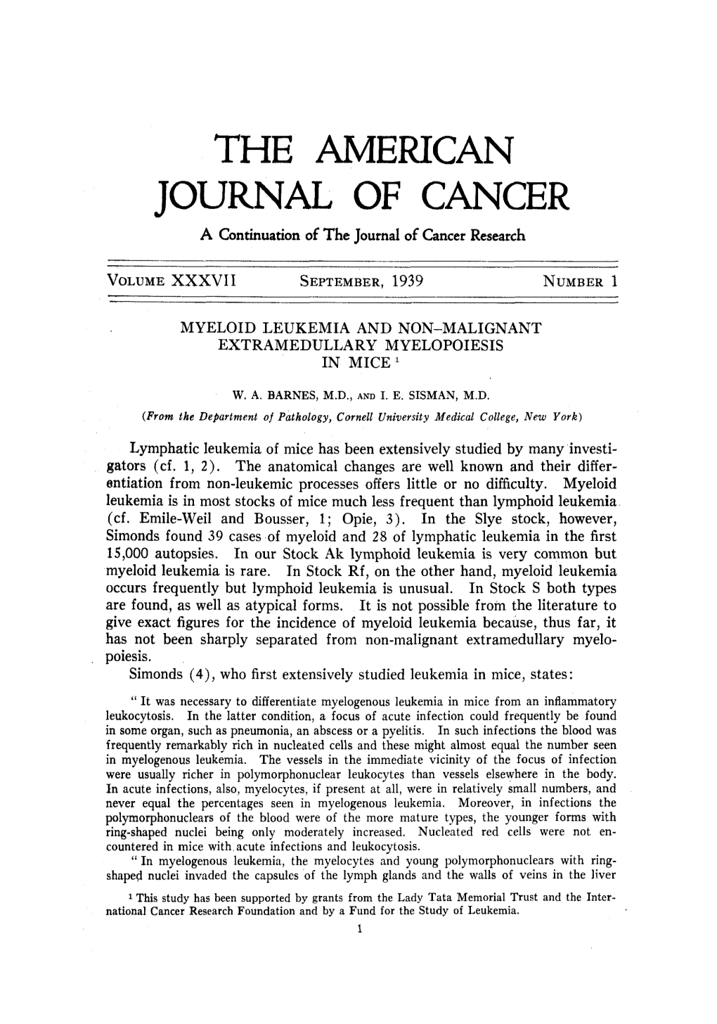 JOURNAL of CANCER a Continuation of the Journal of Cancer Research