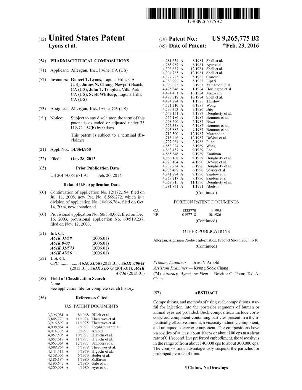 (12) United States Patent (10) Patent No.: US 9,265,775 B2 Lyons Et Al