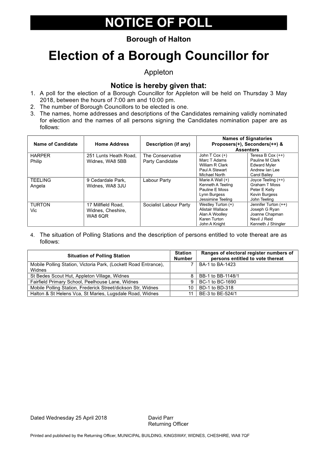 NOTICE of POLL Election of a Borough Councillor