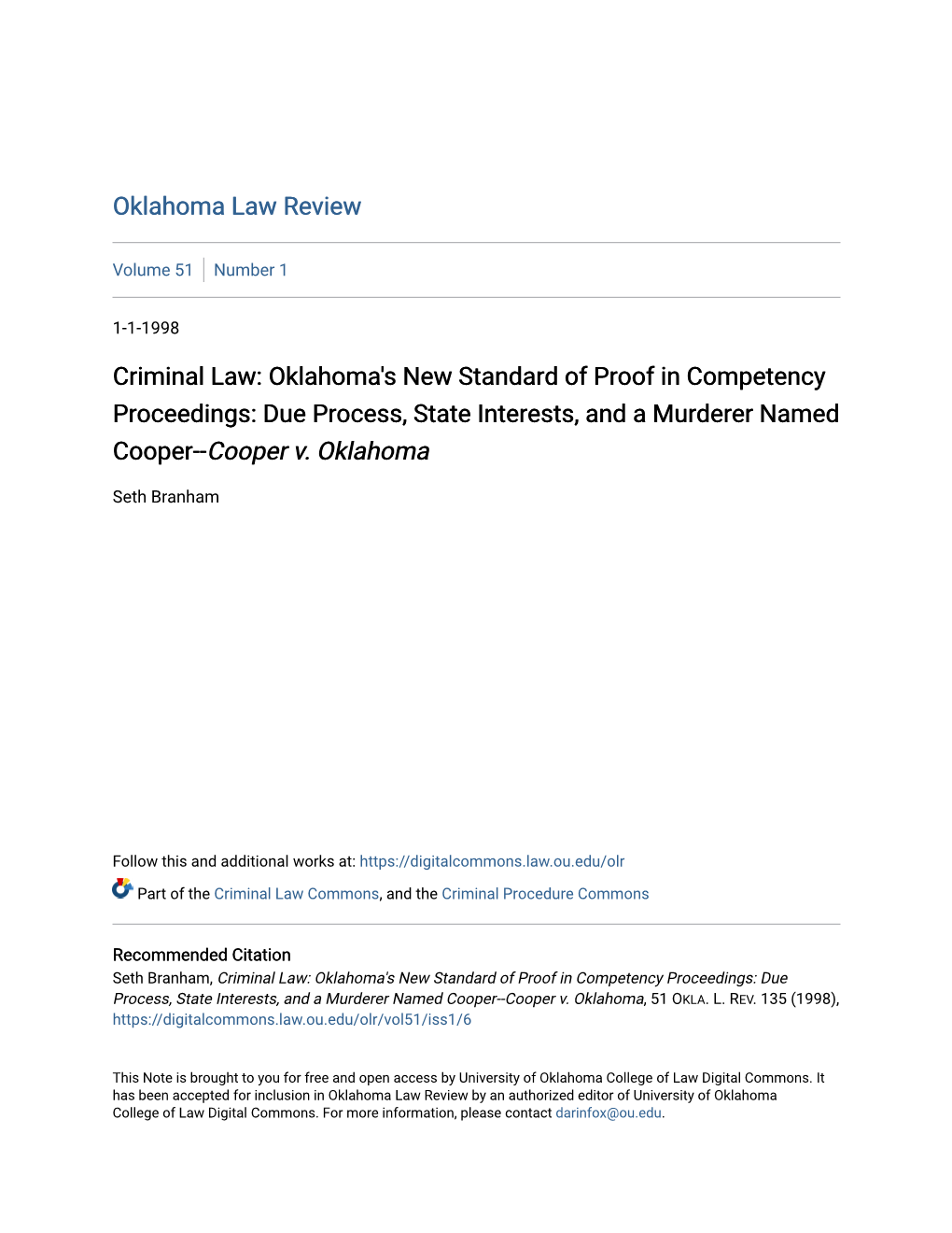 Oklahoma's New Standard of Proof in Competency Proceedings: Due Process, State Interests, and a Murderer Named Cooper--Cooper V