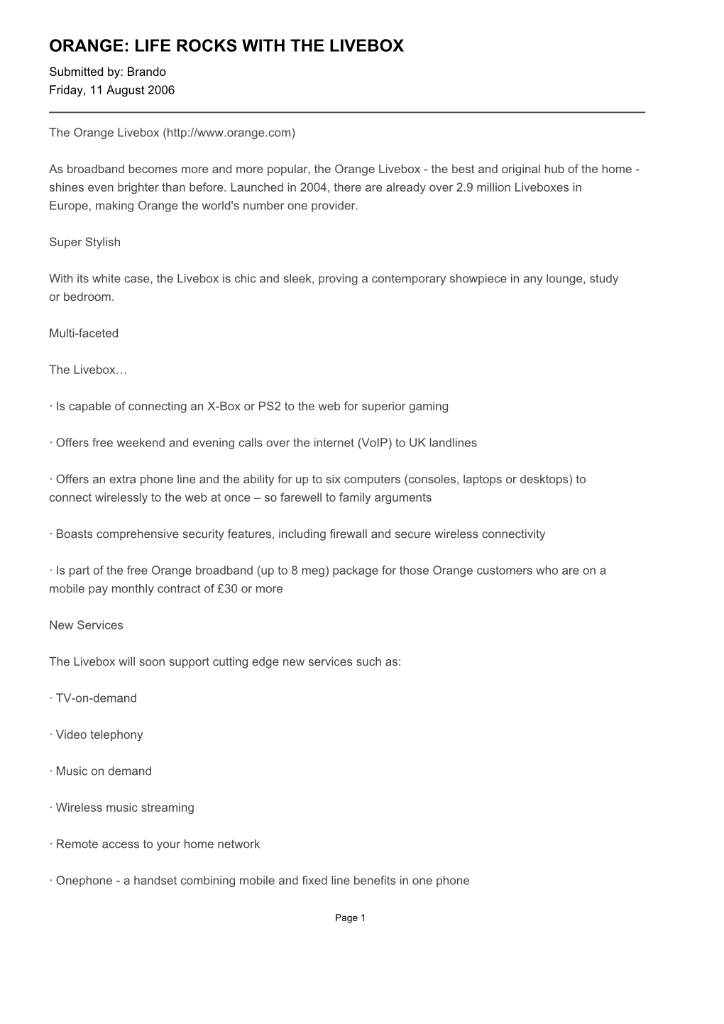 ORANGE: LIFE ROCKS with the LIVEBOX Submitted By: Brando Friday, 11 August 2006