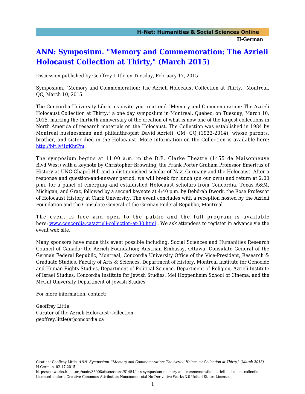 ANN: Symposium. "Memory and Commemoration: the Azrieli Holocaust Collection at Thirty," (March 2015)