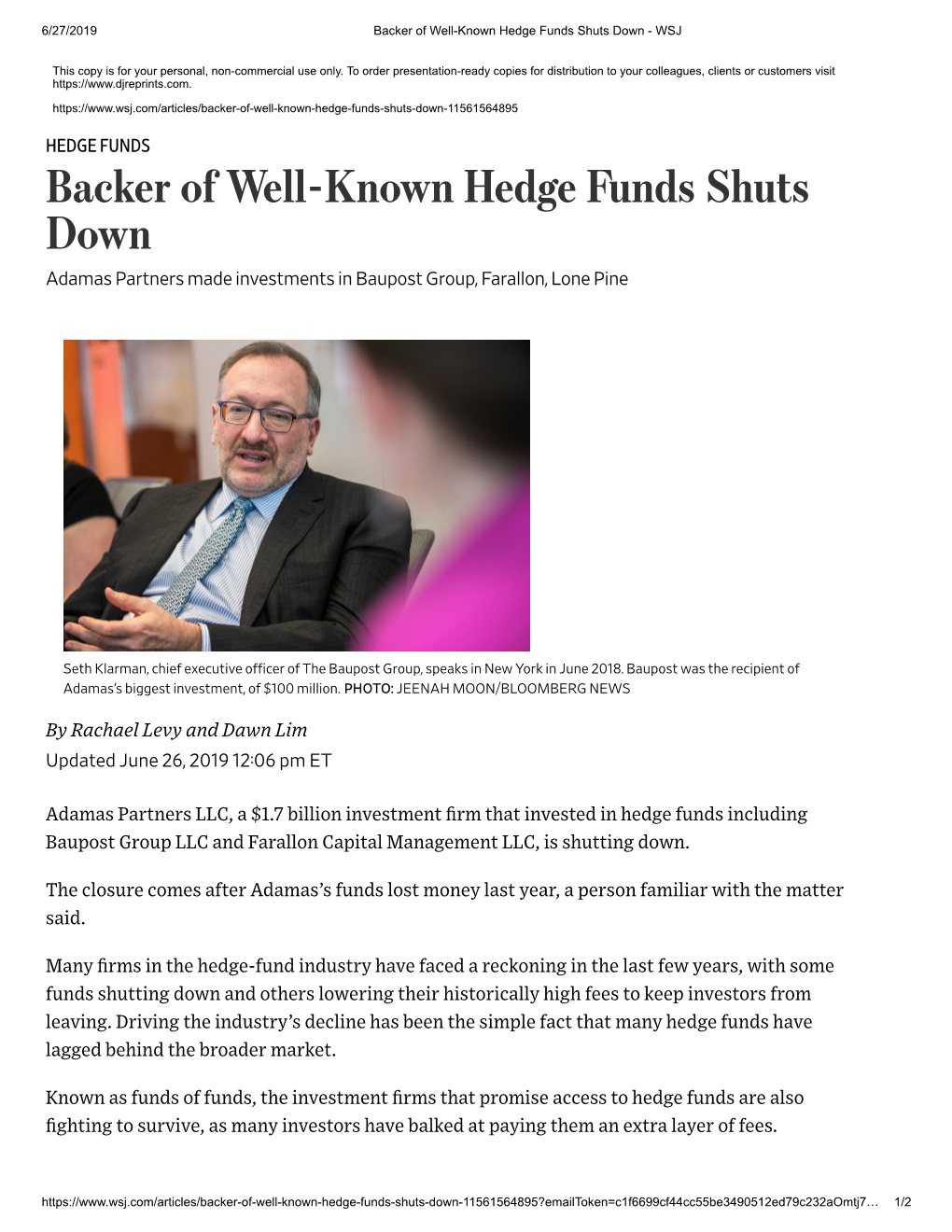 Backer of Well-Known Hedge Funds Shuts Down - WSJ