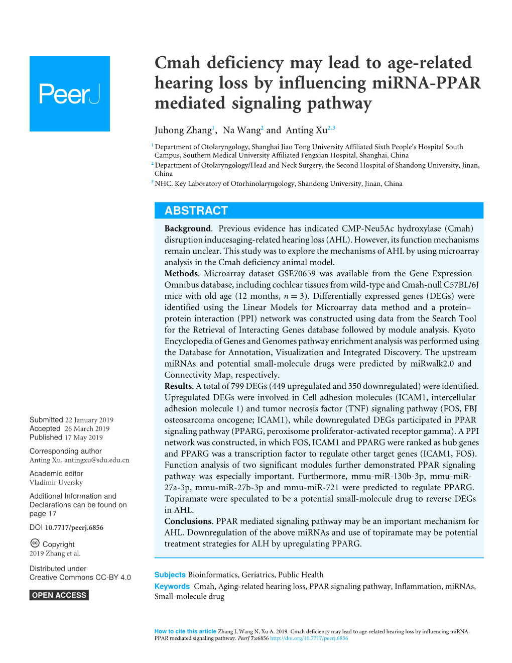 Cmah Deficiency May Lead to Age-Related Hearing Loss by Influencing Mirna-PPAR Mediated Signaling Pathway