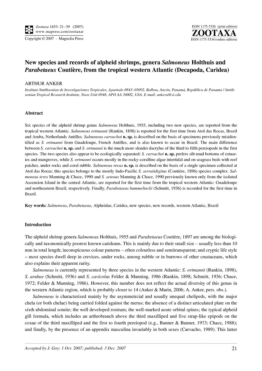 New Species and Records of Alpheid Shrimps, Genera Salmoneus Holthuis and Parabetaeus Coutiere, from the Tropical Western Atlantic (Decapoda, Caridea)