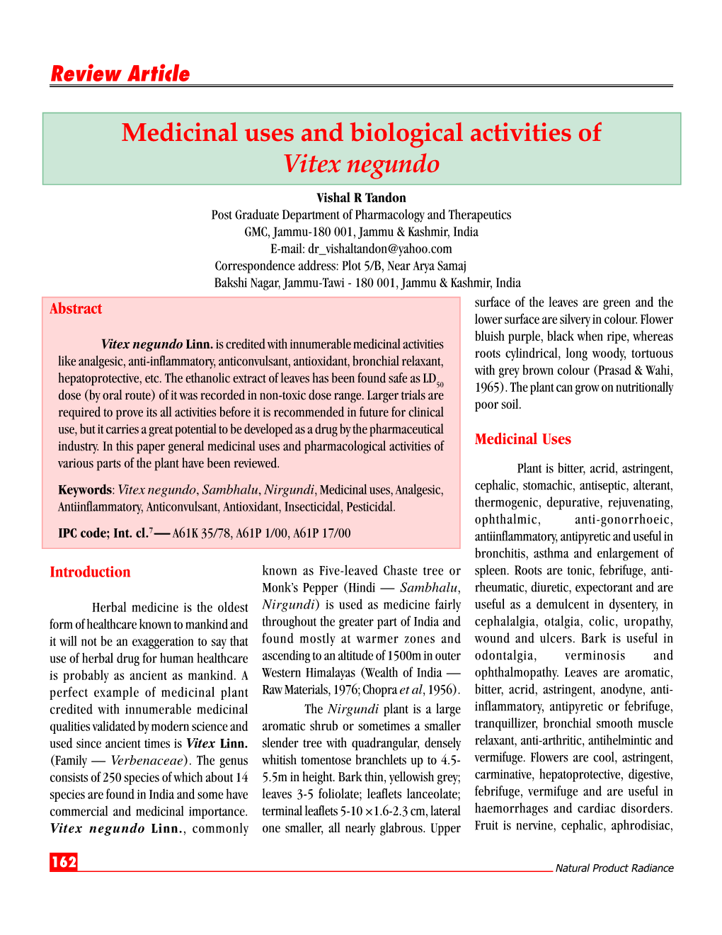 Medicinal Uses and Biological Activities of Vitex Negundo