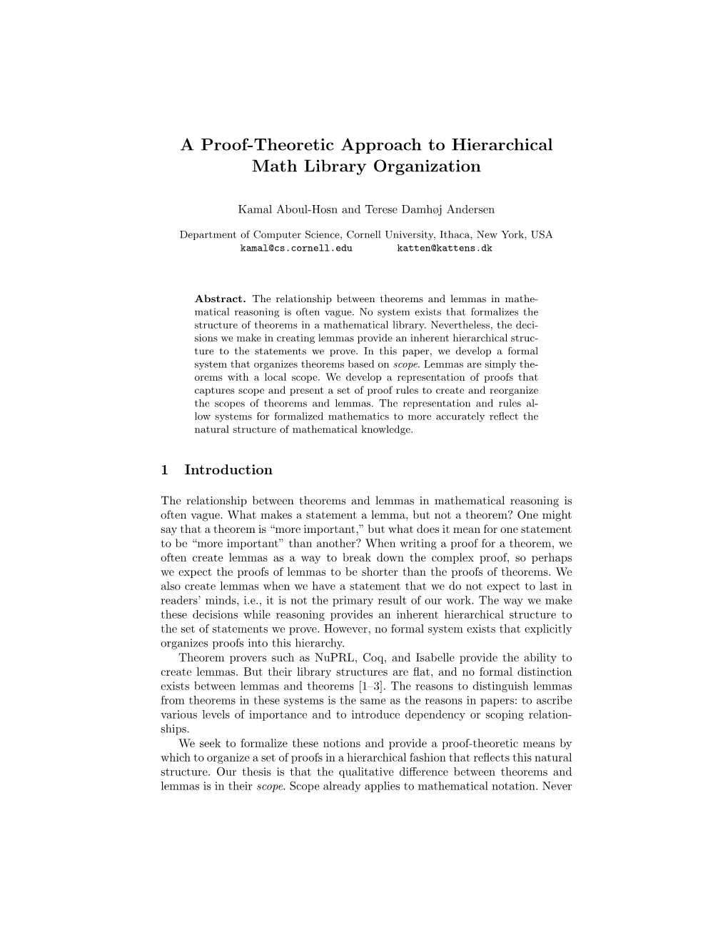 A Proof-Theoretic Approach to Hierarchical Math Library Organization