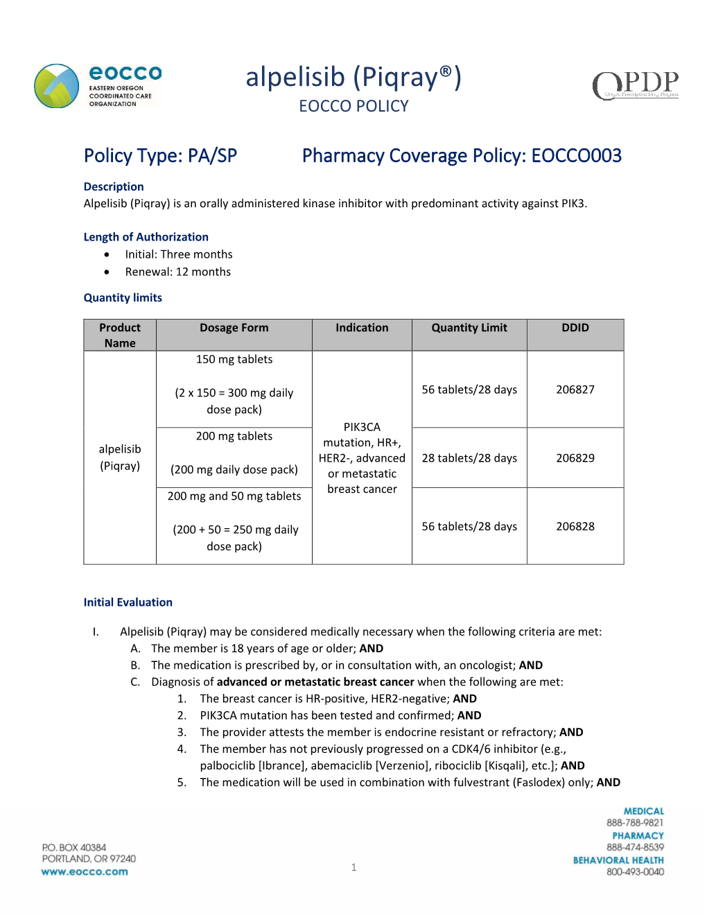 Alpelisib (Piqray®) EOCCO POLICY