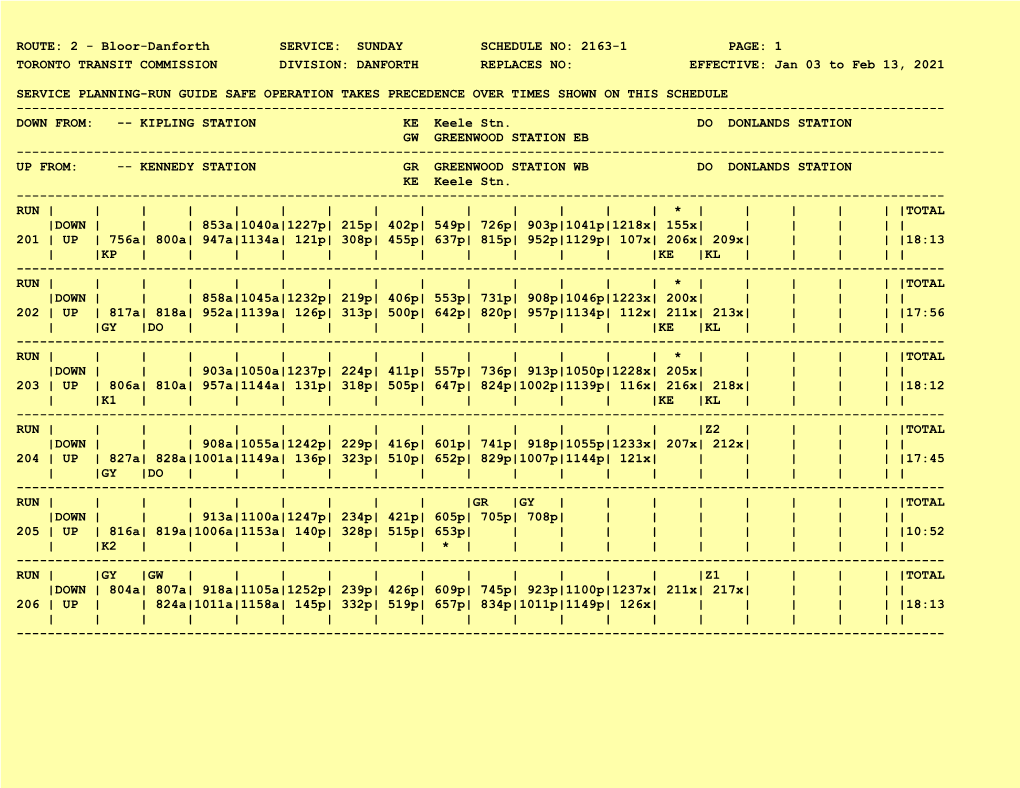 2 - Bloor-Danforth SERVICE: SUNDAY SCHEDULE NO: 2163-1 PAGE: 1 TORONTO TRANSIT COMMISSION DIVISION: DANFORTH REPLACES NO: EFFECTIVE: Jan 03 to Feb 13, 2021