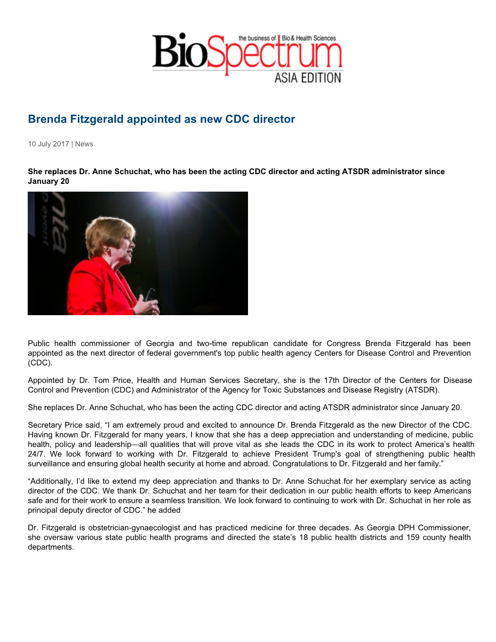 Brenda Fitzgerald Appointed As New CDC Director