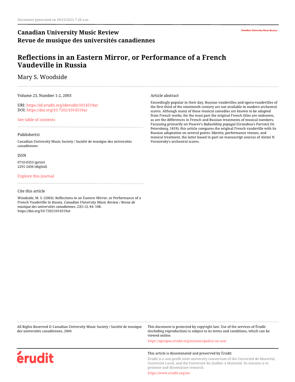 Reflections in an Eastern Mirror, Or Performance of a French Vaudeville in Russia Mary S