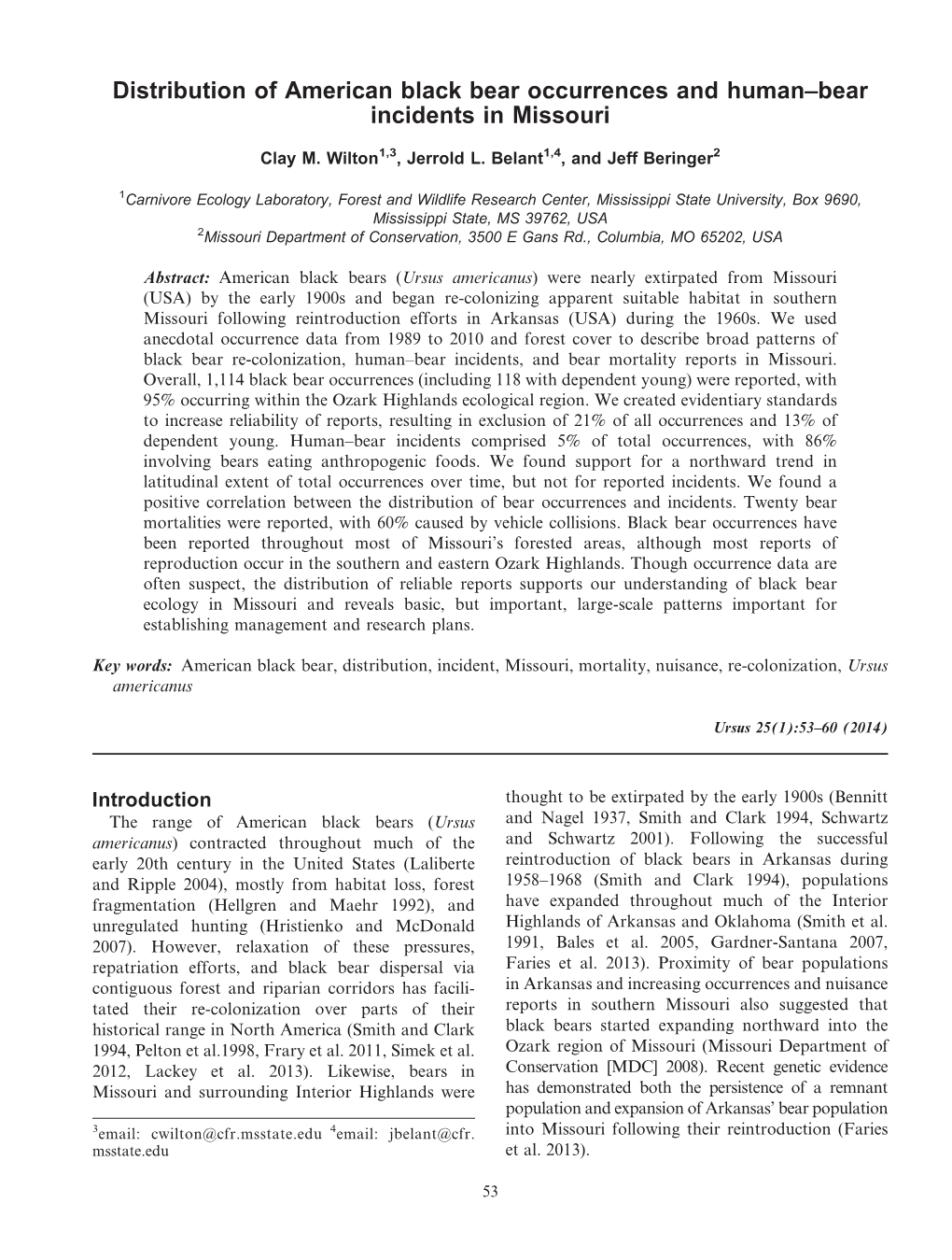 Distribution of American Black Bear Occurrences and Human–Bear Incidents in Missouri