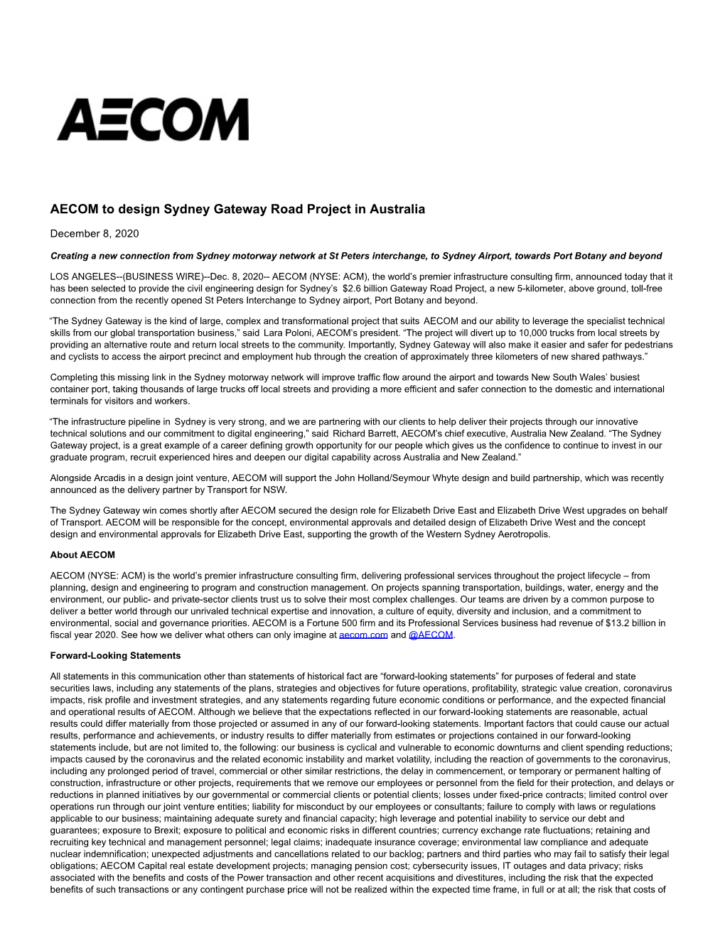 AECOM to Design Sydney Gateway Road Project in Australia