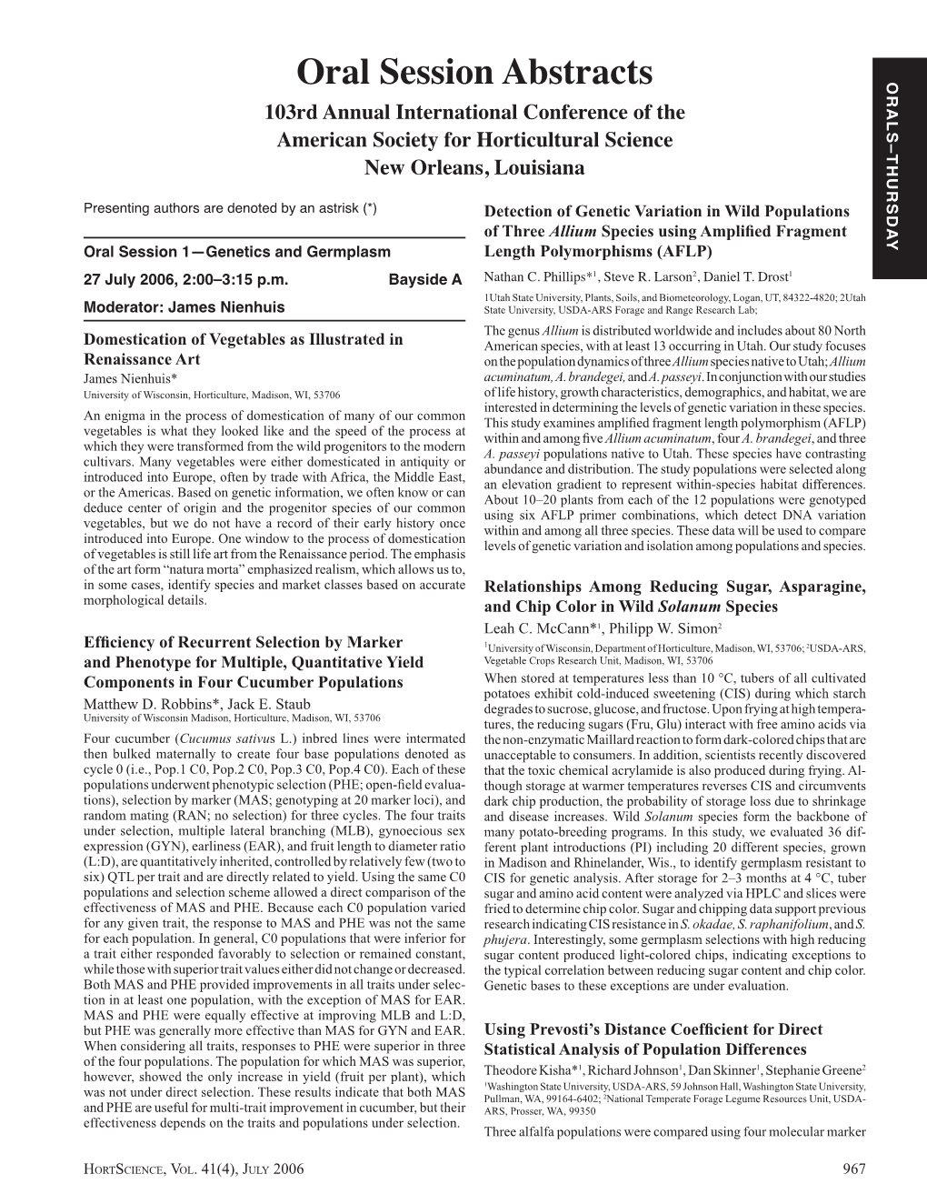 Oral Session Abstracts ORALS–THURSDAY 103Rd Annual International Conference of the American Society for Horticultural Science New Orleans, Louisiana