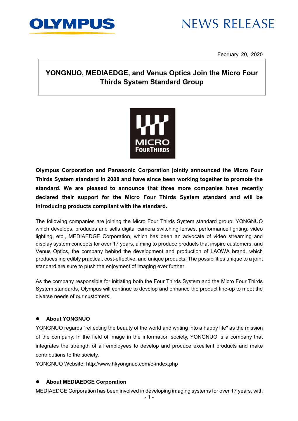 YONGNUO, MEDIAEDGE, and Venus Optics Join the Micro Four Thirds System Standard Group