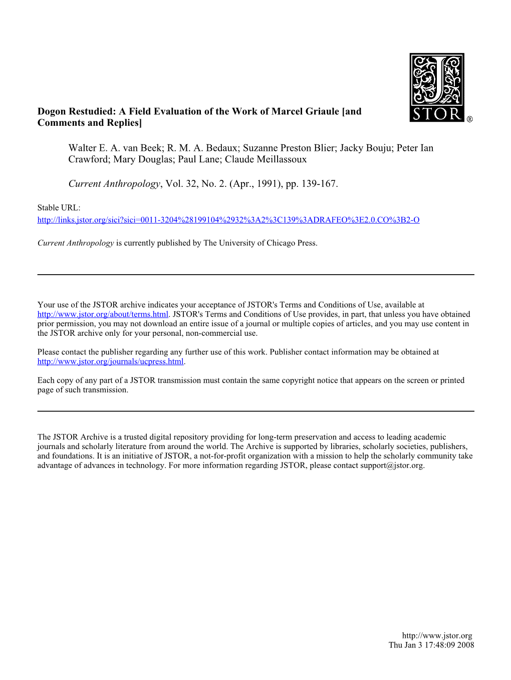 Dogon Restudied: a Field Evaluation of the Work of Marcel Griaule [And Comments and Replies]