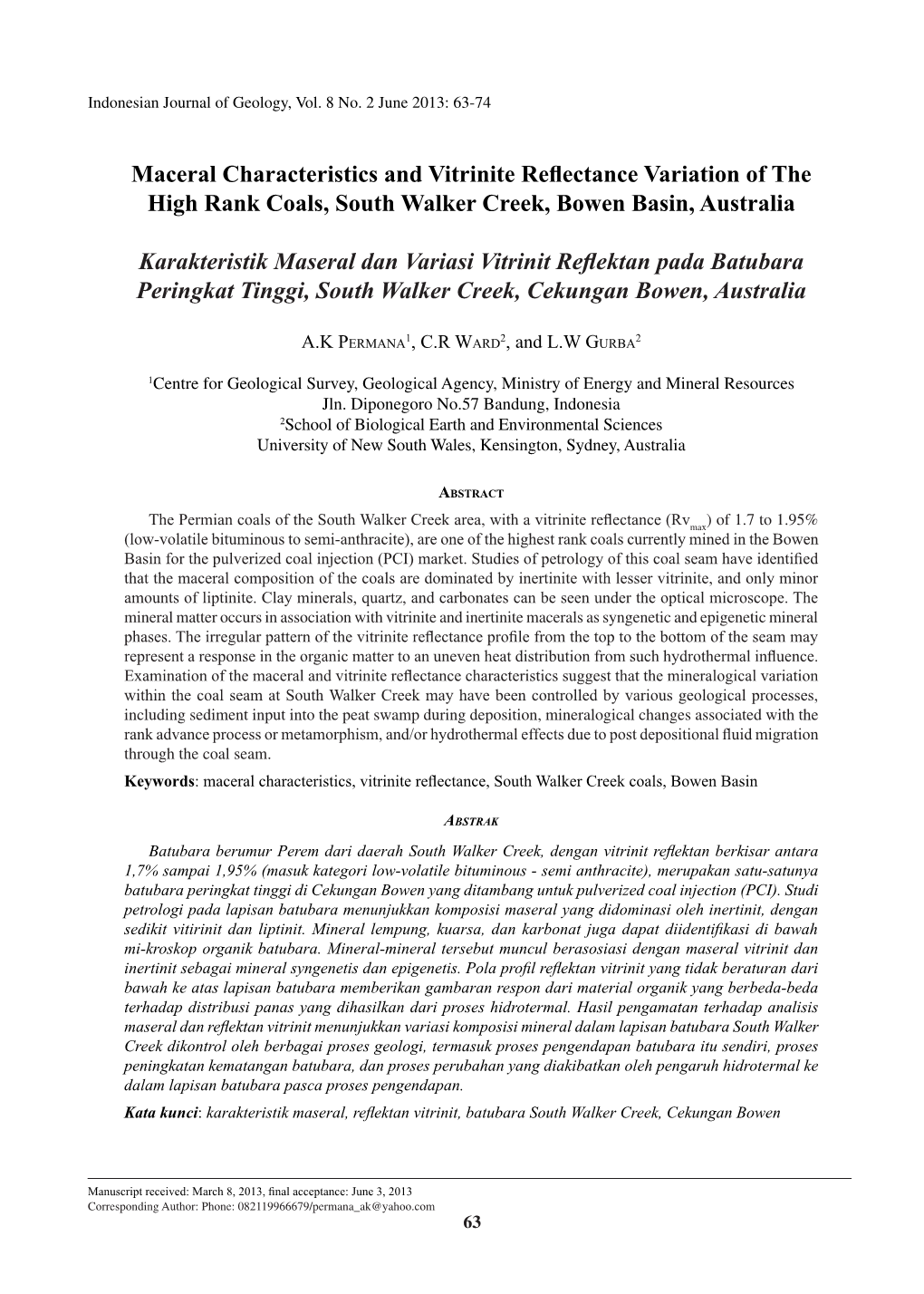 Maceral Characteristics and Vitrinite Reflectance Variation of the High Rank Coals, South Walker Creek, Bowen Basin, Australia