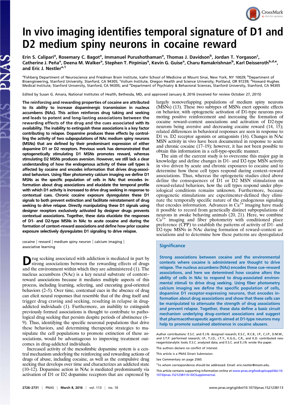 In Vivo Imaging Identifies Temporal Signature of D1 and D2 Medium Spiny Neurons in Cocaine Reward