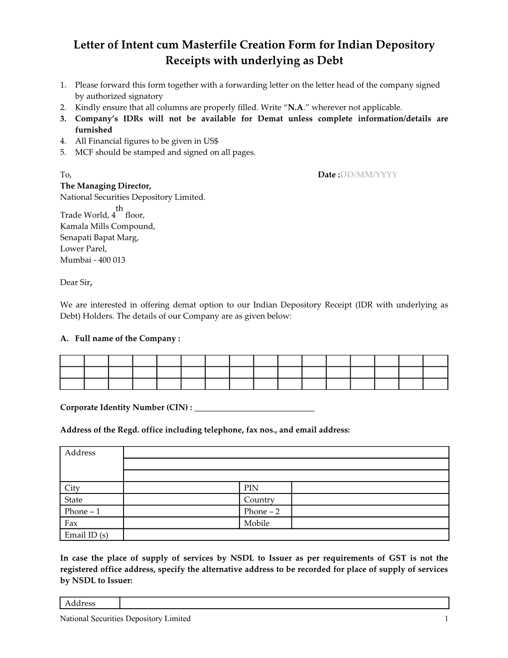 Letter of Intent Cum Masterfile Creation Form for Indian Depository Receipts with Underlying