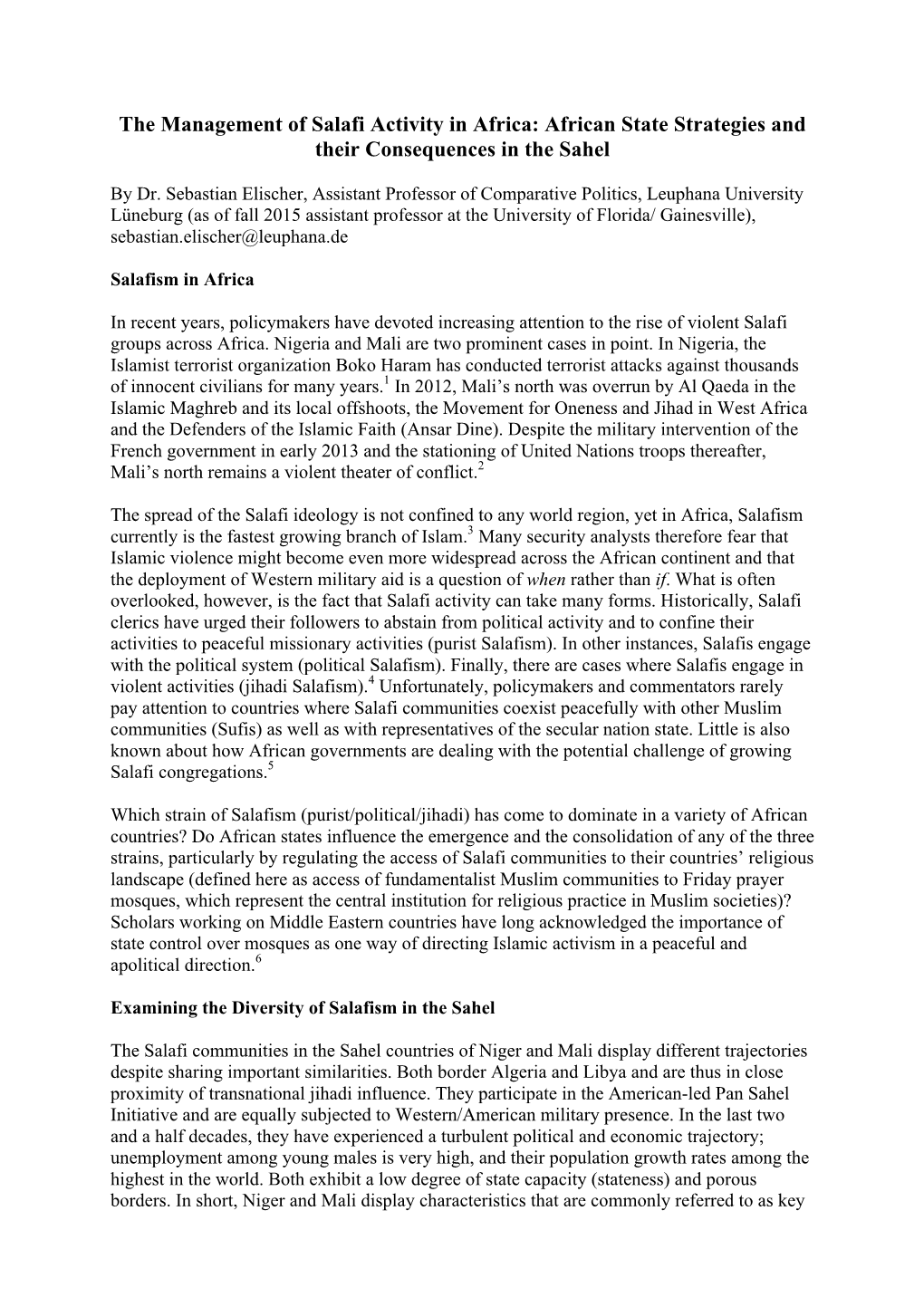 The Management of Salafi Activity in Africa: African State Strategies and Their Consequences in the Sahel