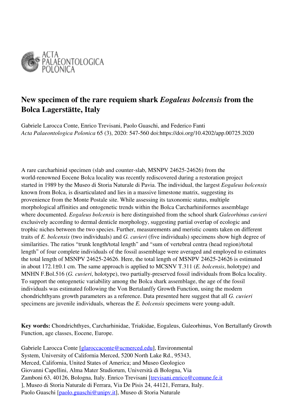 New Specimen of the Rare Requiem Shark Eogaleus Bolcensis from the Bolca Lagerstätte, Italy