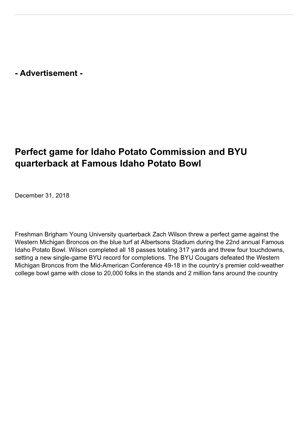Perfect Game for Idaho Potato Commission and BYU Quarterback at Famous Idaho Potato Bowl