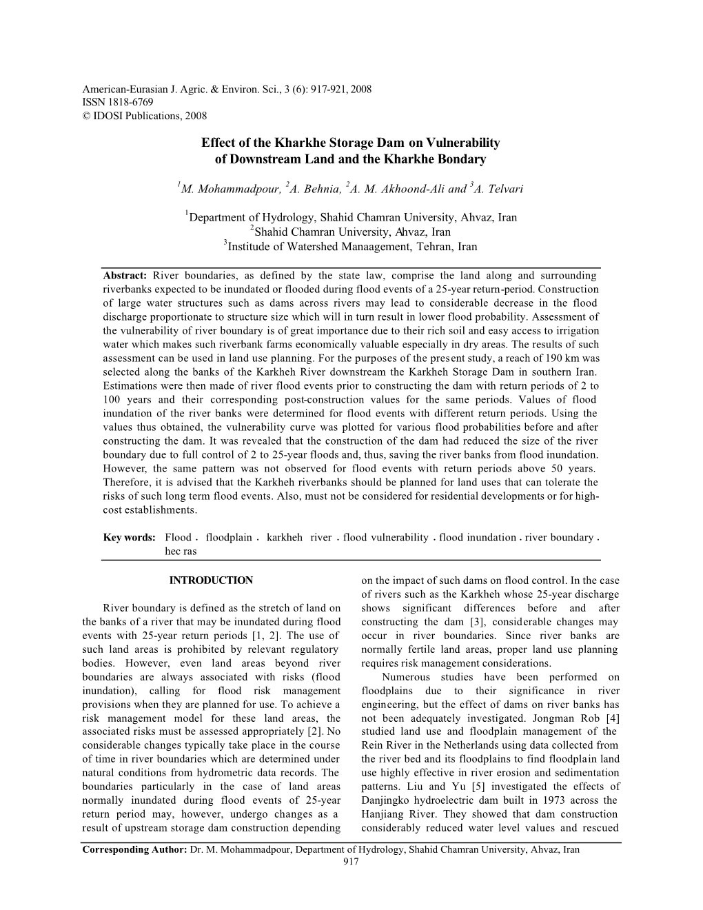 Effect of the Kharkhe Storage Dam on Vulnerability of Downstream Land and the Kharkhe Bondary