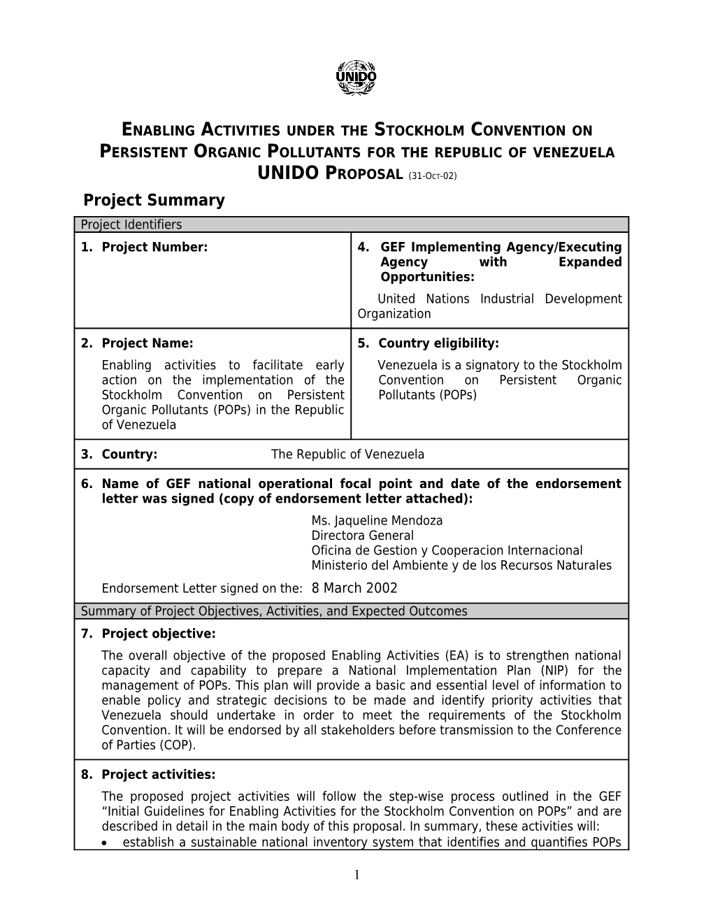 Enabling Activities Under the Stockholm Convention on Persistent Organic Pollutants For